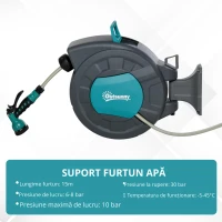Outsunny Tambur pentru furtun cu derulare automata, montat pe perete, cu rotire la 1800, furtun de 15 m si pistol de stropit multifunctional(m-6)