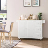 HOMCOM Carrinho de Cozinha com Rodas Carrinho de Cozinha com Bancada Rebatível 3 Gavetas 1 Armário com Prateleira Interior Ajustável e Suporte para Temperos 128,8x75,5x92,5cm Branco e Natural(m-10)