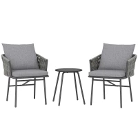 Outsunny 3-teiliges Außenmöbel-Set, 2 Stühle, 1 Tisch, Bistro-Set, Kunst-Rattan, Stahlrahmen, Metalltisch, 4 Kissen, Grau(m-11)