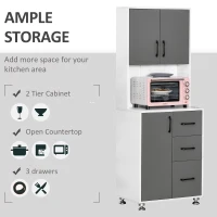 HOMCOM Freestanding Kitchen Cupboard,  Microwave Cabinet with Storage Cabinets,3 Drawers and Open Countertop for Dining Room, Grey(m-4)