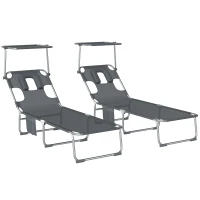 Outsunny Set de 2 șezlonguri pliante reclinabile cu copertină 360°, orificiu facial, buzunar lateral și Textilene 550 g/m² Gri(m-1)