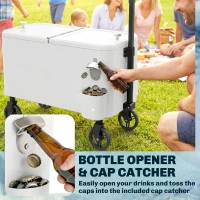 Outsunny Getränkekühlwagen 56 L mit Rollen verstellbarem Griff Flaschenöffner Kronkorkensammler Ablauf und Griff 75x35x120 cm Weiß(m-4)