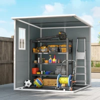 Outsunny 6 x 6 ft Plastic Garden Shed, Wood-Effect Outdoor Storage Shed with Floor, Windows, Lockable Doors and Vents, Grey(m-9)