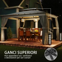 Outsunny Gazebo da Giardino a 2 Livelli con Zanzariere e Tende, in Metallo e Poliestere, 380x300x270 cm, Grigio Scuro(m-7)