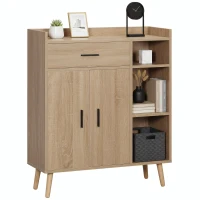 HOMCOM Aparador de Salón Moderno con 2 Puertas 1 Cajón y 3 Estantes Abiertos 80x30x96,5 cm Natural(m-10)