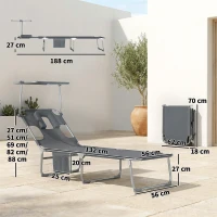 Outsunny Set de 2 șezlonguri pliante reclinabile cu copertină 360°, orificiu facial, buzunar lateral și Textilene 550 g/m² Gri(m-3)