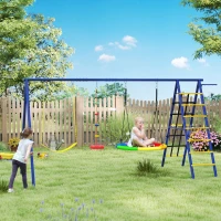 AIYAPLAY Portique balancoire exterieur 6 en 1 avec 3 balançoires, panier de basket, échelle d'escalade et filet, multicolore(m-10)