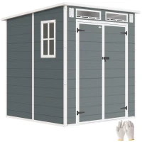 Outsunny 6 x 6 ft Plastic Garden Shed, Wood-Effect Outdoor Storage Shed with Floor, Windows, Lockable Doors and Vents, Grey(m-10)