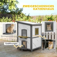 PawHut Outdoor-Katzenhaus, Holzhaus für Katzen, mehrere Eingänge, Fenster, Wasserfest, 60 x 60 x 88 cm, Weiß(m-4)