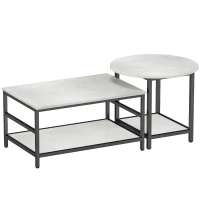 HOMCOM Couchtisch-Set, 2 Beistelltische, Marmoroptik, verstellbare Füße, Stahl, Schwarz/Weiß(m-1)