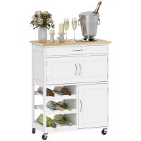 HOMCOM Rolling Kitchen Cart, Kitchen Island with Storage, Trolley with Wooden Countertop, 9-bottle Wine Rack, Drawer and Door Cabinets, White(m-10)