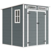Outsunny 6 x 6 ft Plastic Garden Shed, Wood-Effect Outdoor Storage Shed with Floor, Windows, Lockable Doors and Vents, Grey(m-1)