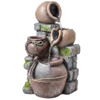 Outsunny Outdoor Fountain with 4-Tier Rustic Pots & Planter, Garden Fountain with LED Lights, Rustic Brown(m-1)