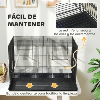 PawHut Jaula para Pájaros con Divisor 4 Comederos 4 Perchas Bandeja Extraíble para Loros Canarios Periquitos 76x46x46 cm Negro(m-7)