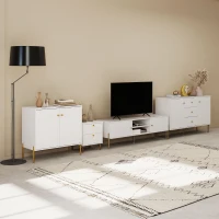 HOMCOM Mueble de TV Moderno con 2 Puertas 2 Estantes Abiertos Orificios Pasacables para TV 65 Pulgadas 140x38x45,9 cm Blanco(m-9)