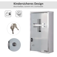 HOMCOM Medizinschrank aus Edelstahl Arzneischrank zur Medikamenten-Aufbewahrung, Abschließbar Medikamentenschrank mit 3 Fächer, Glastür 25 x 12 x 48 cm, Silber(m-5)