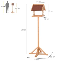 PawHut Mangeoire oiseaux extérieur sur pied, toit résistant aux intempéries, bois massif, 55 x 55 x 144 cm, bois naturel(m-3)