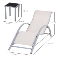 Outsunny Set di 2 Lettini Prendisole e Tavolino con Piano in Vetro, 59x169x66 cm, Crema(m-3)