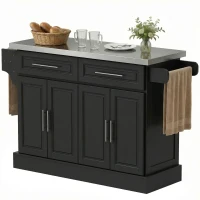 HOMCOM Isla de Cocina con Ruedas Tablero de Acero Inoxidable Cajones Estantes Ajustables Especiero Toallero 145x45x93 cm Negro(m-11)