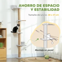 PawHut Árbol para Gatos de Pared de 5 Niveles Rascador para Gatos Estrecho con Bola y Rascadores 48x21x180 cm Gris Claro(m-5)