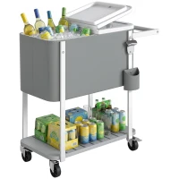 Outsunny Chariot Réfrigéré 56L avec Roues Étagère Décapsuleur Récupérateur de Capsules Vidange et Poignée pour Patio Fête 84x38x83 cm Gris(m-6)