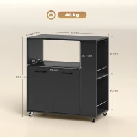 HOMCOM Carrello Cucina in Legno con Ripiano Aperto, Armadietto e Scaffale Laterale, 75x40x80.5 cm, Nero(m-3)