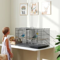 PawHut Jaula para Pájaros con Divisor 4 Comederos 4 Perchas Bandeja Extraíble para Loros Canarios Periquitos 76x46x46 cm Negro(m-2)