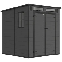 Outsunny 6 x 6 ft Plastic Garden Shed, Wood-Effect Outdoor Storage Shed with Floor, Windows, Lockable Doors and Vents, Dark Grey(m-1)