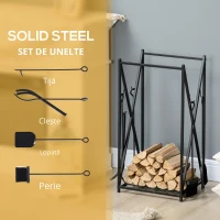 HOMCOM Suport pentru Lemne din Oțel, Suport pentru Lemne pentru Șemineu cu Vatrai, Perie și Clește, 46x30x76 cm, Negru(m-6)