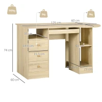 HOMCOM Scrivania da PC per Ufficio con Scaffali, Cassetti e Ripiano Testiera in Legno, 125x60x74cm(m-3)