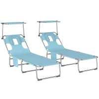 Outsunny Set de 2 Șezlonguri Pliabile Reclinabile cu Copertină 360°, Orificiu Facial, Buzunar Lateral și Textilene 550 g/m², Albastru