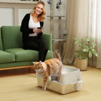 PawHut Litière pour chat, bac à litière en acier inoxydable avec côtés hauts pelle nettoyage facile 60 x 40 x 28 cm gris clair(m-10)