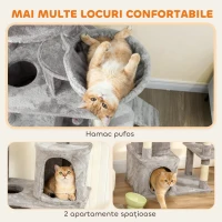 PawHut Ansamblu de Zgâriat pentru Pisici cu 2 Căsuțe, Hamac, Tunel și Pat, Stâlpi cu Sisal, 60x40x170 cm, Gri(m-7)