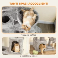 PawHut Albero Tiragraffi per Gatti con 2 Casette, Amaca, Tunnel, e Lettino, Pali in Sisal, 60x40x170 cm, Grigio(m-7)
