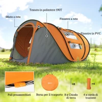 Outsunny Tenda da Campeggio Pop Up 2 Posti con 2 Porte, 4 Finestre e Telo Impermeabile, 263.5x220x123 cm, Arancione(m-7)
