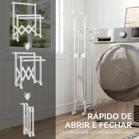 HOMCOM Estendal Vertical Dobrável de 3 Níveis Estendal de Aço Inoxidável com 3 Barras Ajustáveis e Extensíveis 4 Rodas 104-150x103x145-197 cm Prateado(m-5)