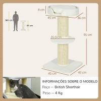PawHut Arranhador para Gatos Altura 91 cm de 3 Níveis com Ninho Plataforma e Poste de Sisal 45x45x91 cm Creme(m-3)