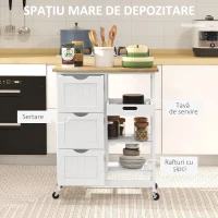 HOMCOM Cărucior Bucătărie cu Roți, Insulă Bucătărie cu 3 Sertare, 3 Rafturi, Blat din Lemn, Mobilier Multifuncțional Compact, 67x37x85.5cm, Alb(m-4)