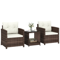 Outsunny Rattan bistroset, 3-delig tuinmeubelset met 2 stoelen, glazen tafel met 2 niveaus, afneembare kussens, crème
