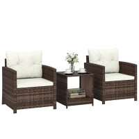 Outsunny Rattan bistroset, 3-delig tuinmeubelset met 2 stoelen, glazen tafel met 2 niveaus, afneembare kussens, crème(m-11)