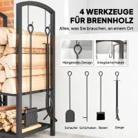 Outsunny Kaminholzständer, Brennholzregal, 2 Etagen, Kaminbesteck, bis 100 kg, Stahl, Schwarz, 40 x 30 x 74,5 cm(m-5)