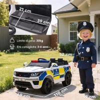 HOMCOM Macchina Elettrica per Bambini della Polizia, 12V Auto Elettrica per Bambini con Telecomando, Sirena Luci Attacco USB per Musica, 110x68x52 cm, Bianco(m-4)