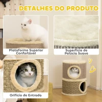 PawHut Arranhador em Forma de Cilindro para Gatos com 3 Níveis Plataforma e Caverna Confortável 37,5x37,5x70 cm Caqui e Bege(m-5)