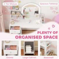 AIYAPLAY Kids Vanity Table and Chair Set, Girls Dressing Table with 2-Colour LED Mirror, Stool, Cabinet, Drawer, Shelves, White(m-6)