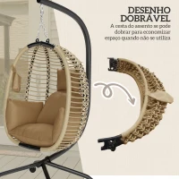 Outsunny Cadeira Suspensa com Suporte Cesto Dobrável Almofada e Apoio de Cabeça para Interior e Exterior Capacidade 120 kg Bege(m-5)