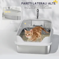 PawHut Lettiera in acciaio inox WC aperto con paletta bordo alto per gatti grandi fino a 7 kg, 60,2 x 40,2 x 29,7 cm, Grigio(m-4)