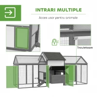 PawHut Cuibar din Lemn pentru Găini Ouătoare de Exterior cu 2 Zone Laterale, Căsuță, Cuib, Acoperiș Impermeabil, Sertar Detasabil, Loc de Odihnă, Uși și Rampă, pentru 2-4 Găini, 247x118x113.5 cm, Gri(m-5)