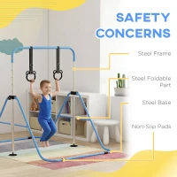 HOMCOM Adjustable Height, Foldable Kids Gymnastics Bar w/ Non-slip Rubber Floor Rings, for 3+ Years, Blue(m-5)