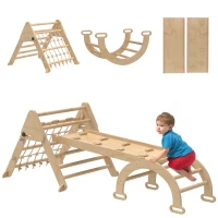 AIYAPLAY Triangle d'escalade enfants 8 en 1 avec rampe double face, arc d'escalade en bois avec toboggan & échelle, naturel(m-11)