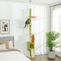PawHut Arbre à chat du sol au plafond 5 niveaux hauteur réglable 220-240 cm plateformes fleur avec griffoir niche hamac vert(m-10)